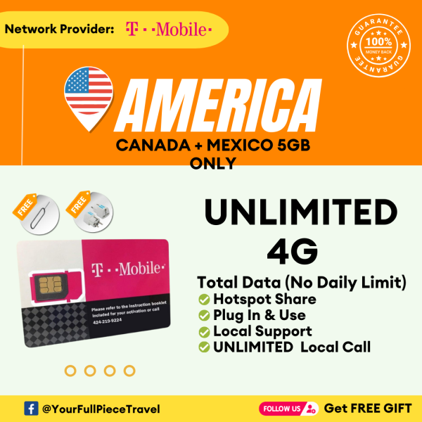 【T-Mobile USA+Canada+Mexico sim card】【美国+加拿大+墨西哥上网卡】【1000GB】【No Daily Limit】USA+Canada+Mexico travel sim card +free gift