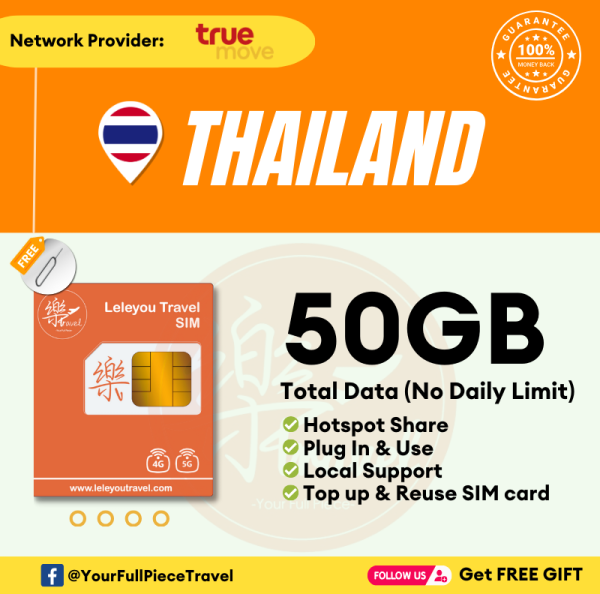 Thailand Internet Prepaid Travel SIM Card 泰国上网卡 【No Daily Capped】  【1~9 Days】【50GB】